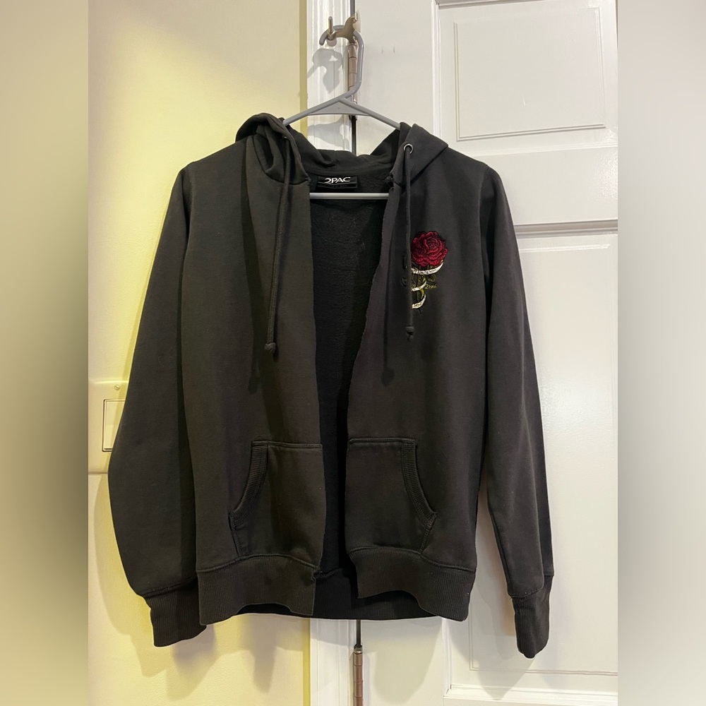 Women’s 2PAC Black Hoodie with 2Pac Name on a Rose Embroidery Size XSmall XS